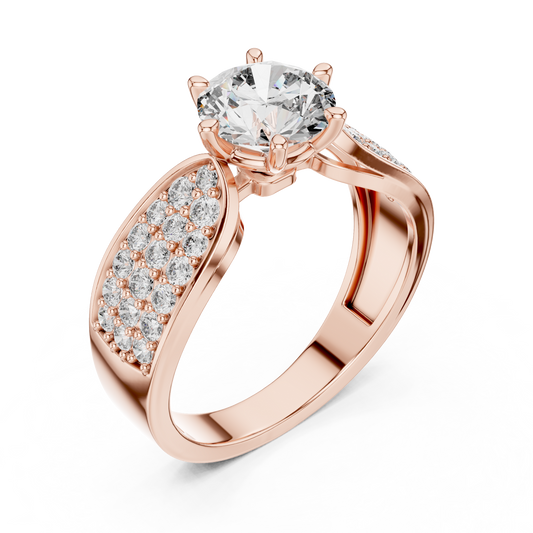 Rose gold split shank engagement ring featuring a round brilliant-cut lab-grown diamond center stone and pavé-set diamond shoulders on a transparent background.