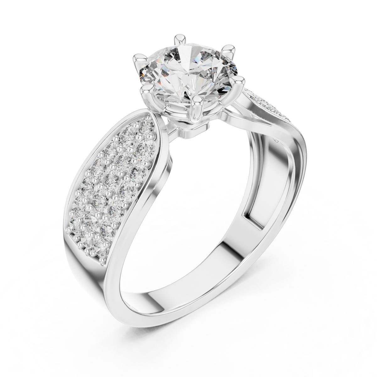 Close-up view of a white gold split shank engagement ring featuring a round lab-grown diamond center stone and pavé-set diamond shoulders on a transparent background.