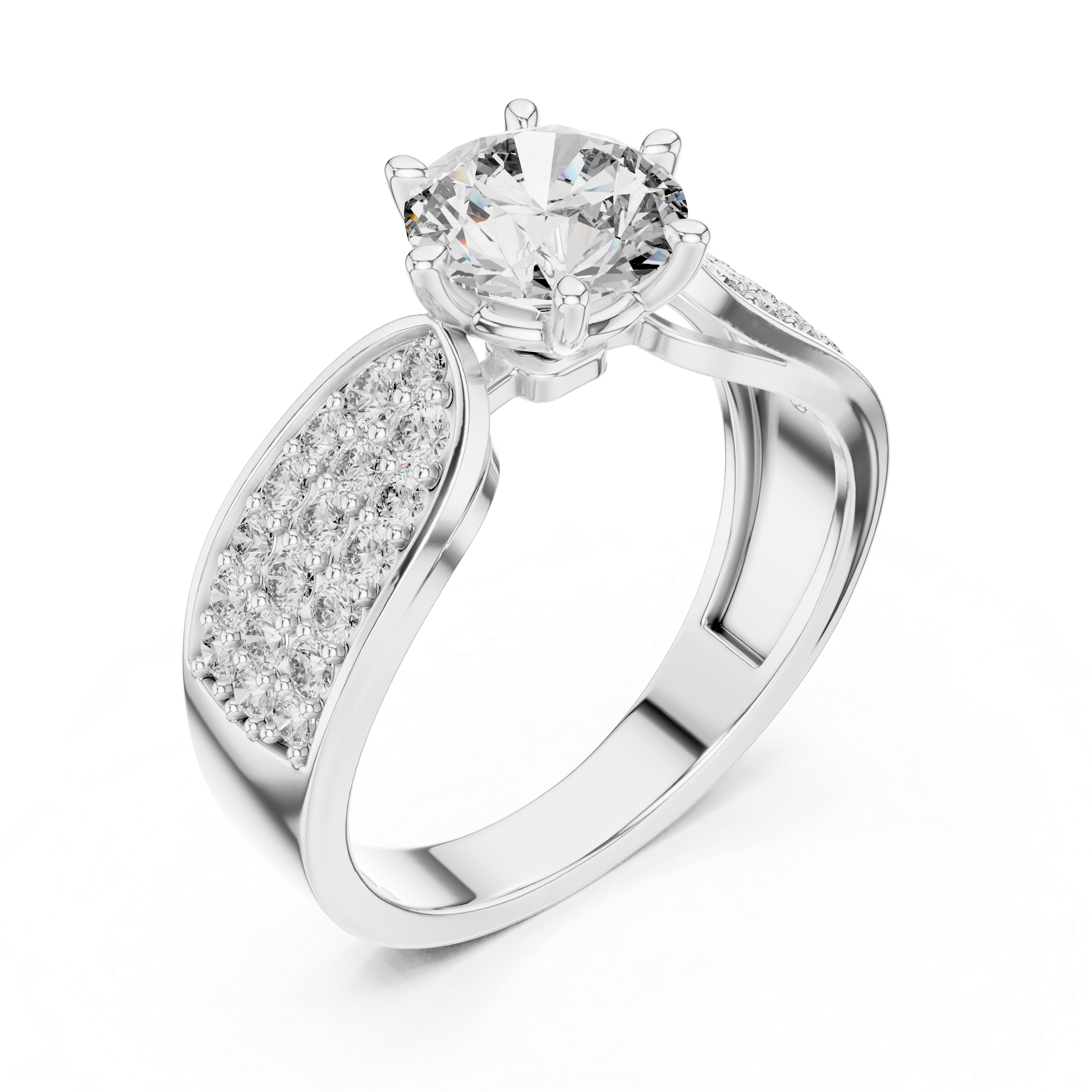 Close-up view of a white gold split shank engagement ring featuring a round lab-grown diamond center stone and pavé-set diamond shoulders on a transparent background.
