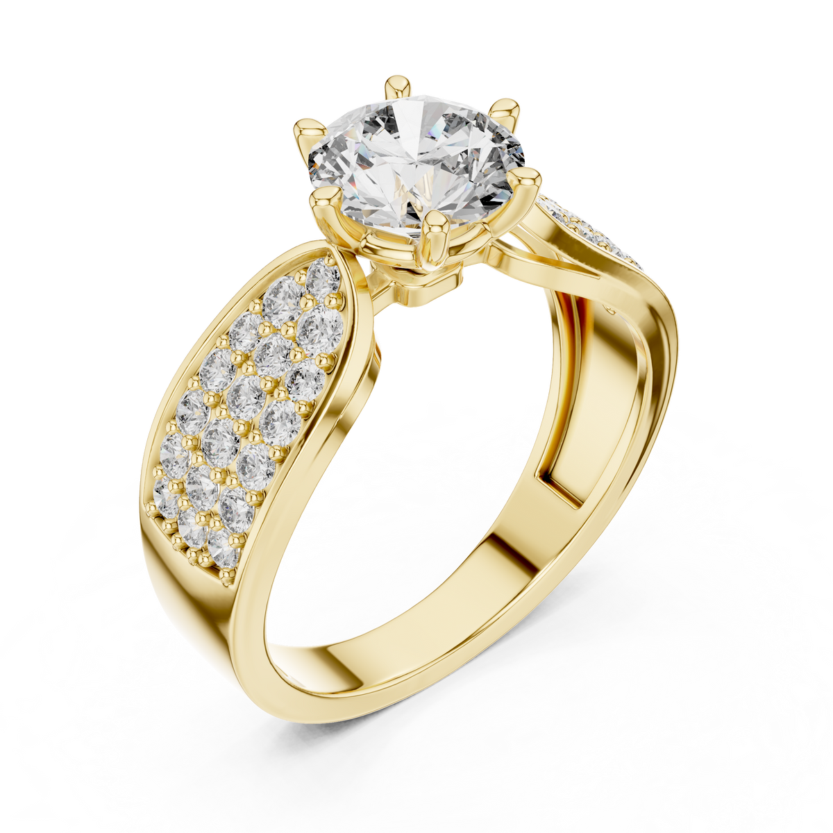 Close-up of a yellow gold split shank engagement ring featuring a round lab-grown diamond center stone and pavé-set diamond shoulders on a transparent background.