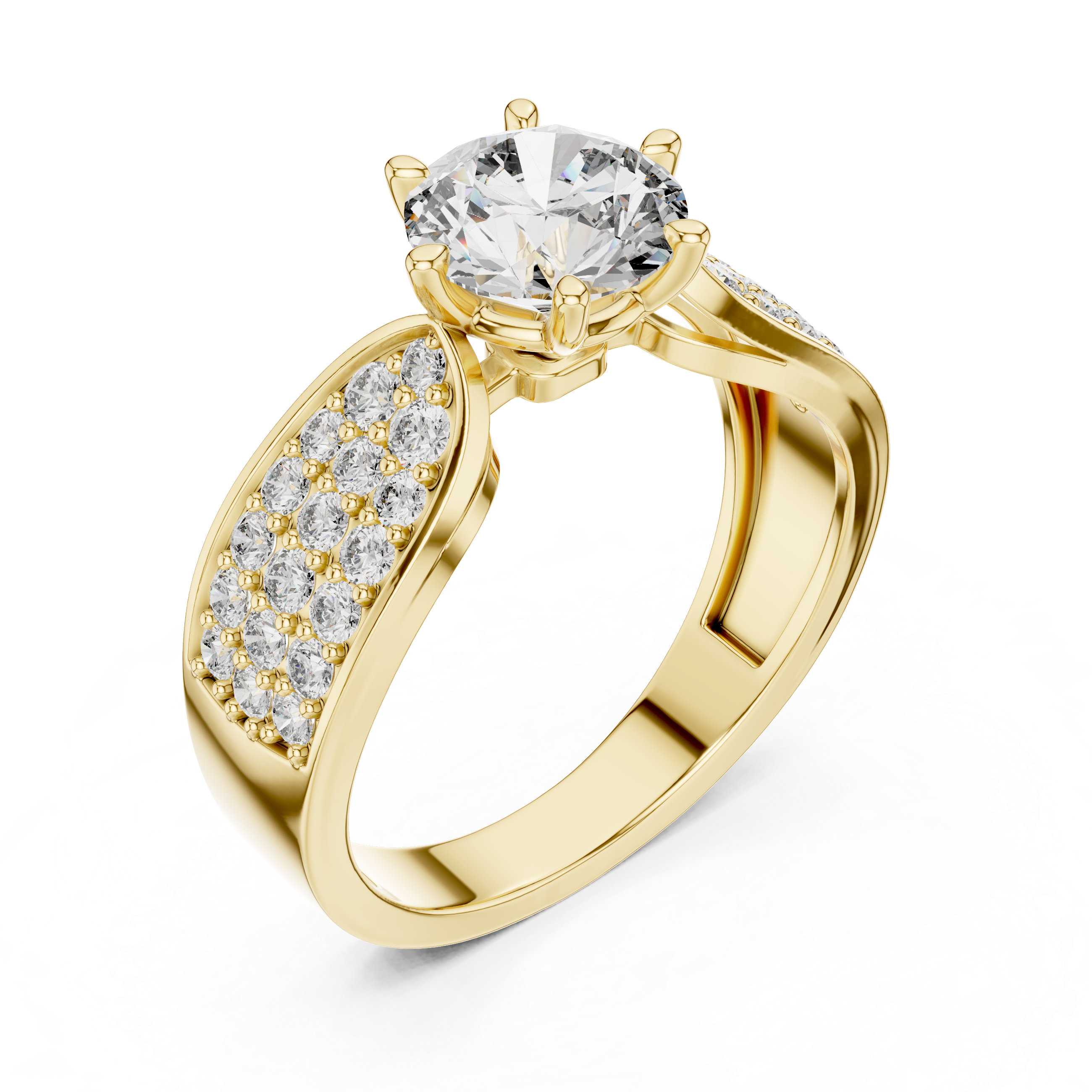 Close-up of a yellow gold split shank engagement ring featuring a round lab-grown diamond center stone and pavé-set diamond shoulders on a transparent background.