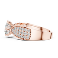 Round split shank lab grown diamond engagement ring in rose gold with pavé band, side view