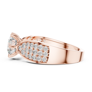 Round split shank lab grown diamond engagement ring in rose gold with pavé band, side view