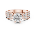Round split shank lab grown diamond engagement ring in rose gold with pavé band, front view