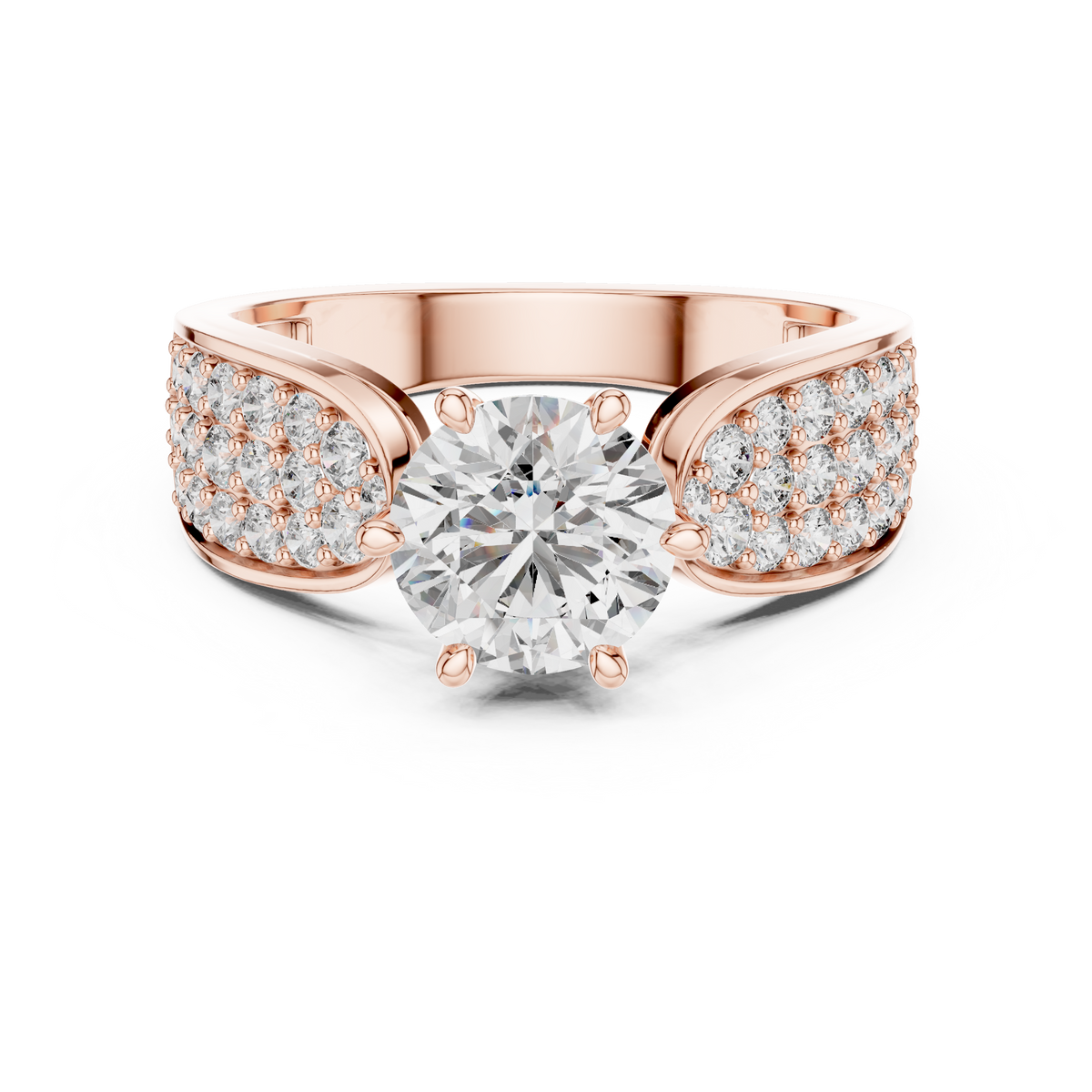 Round split shank lab grown diamond engagement ring in rose gold with pavé band, front view