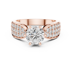Round split shank lab grown diamond engagement ring in rose gold with pavé band, front view