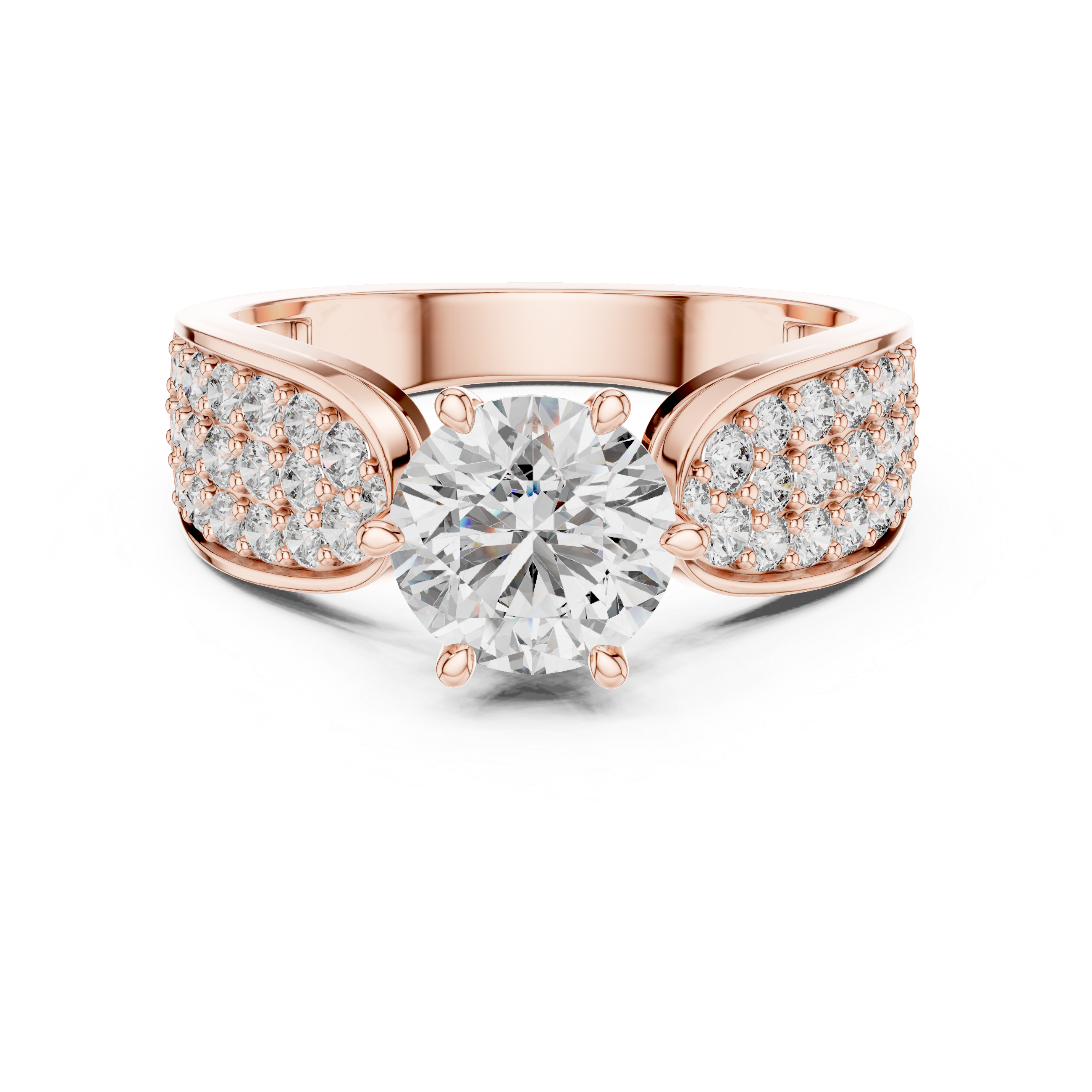 2-Round Split Shank Lab Grown Diamond Engagement Ring in 14K White Gold, 1 CT Round Solitaire, Pavé Diamond Band, Women's Bridal Ring | LuzoraJewels