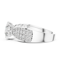 Round split shank lab grown diamond engagement ring in white gold with pavé band, side view