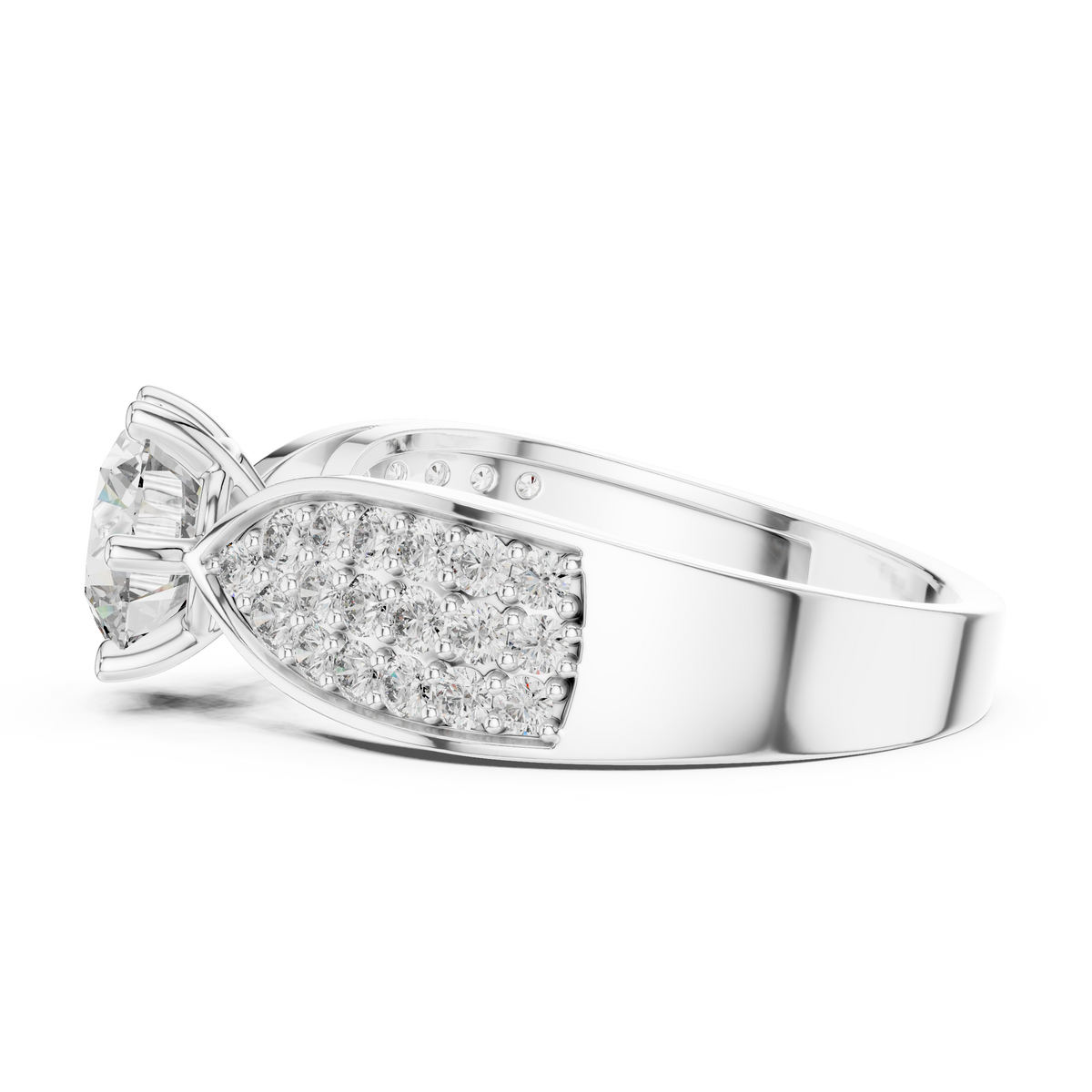 Round split shank lab grown diamond engagement ring in white gold with pavé band, side view