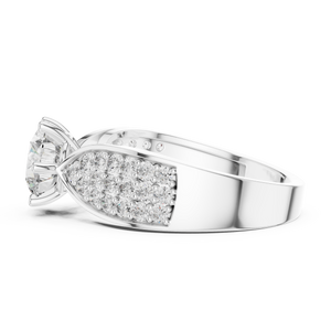 Round split shank lab grown diamond engagement ring in white gold with pavé band, side view
