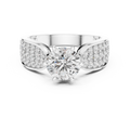 Front view of a split shank engagement ring with a round brilliant-cut lab-grown diamond center stone and pavé-set diamond shoulders.