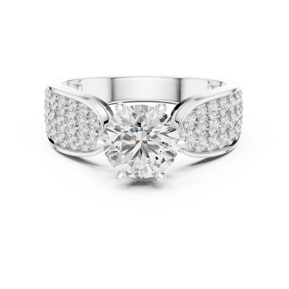 Front view of a split shank engagement ring with a round brilliant-cut lab-grown diamond center stone and pavé-set diamond shoulders.