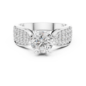 Front view of a split shank engagement ring with a round brilliant-cut lab-grown diamond center stone and pavé-set diamond shoulders.