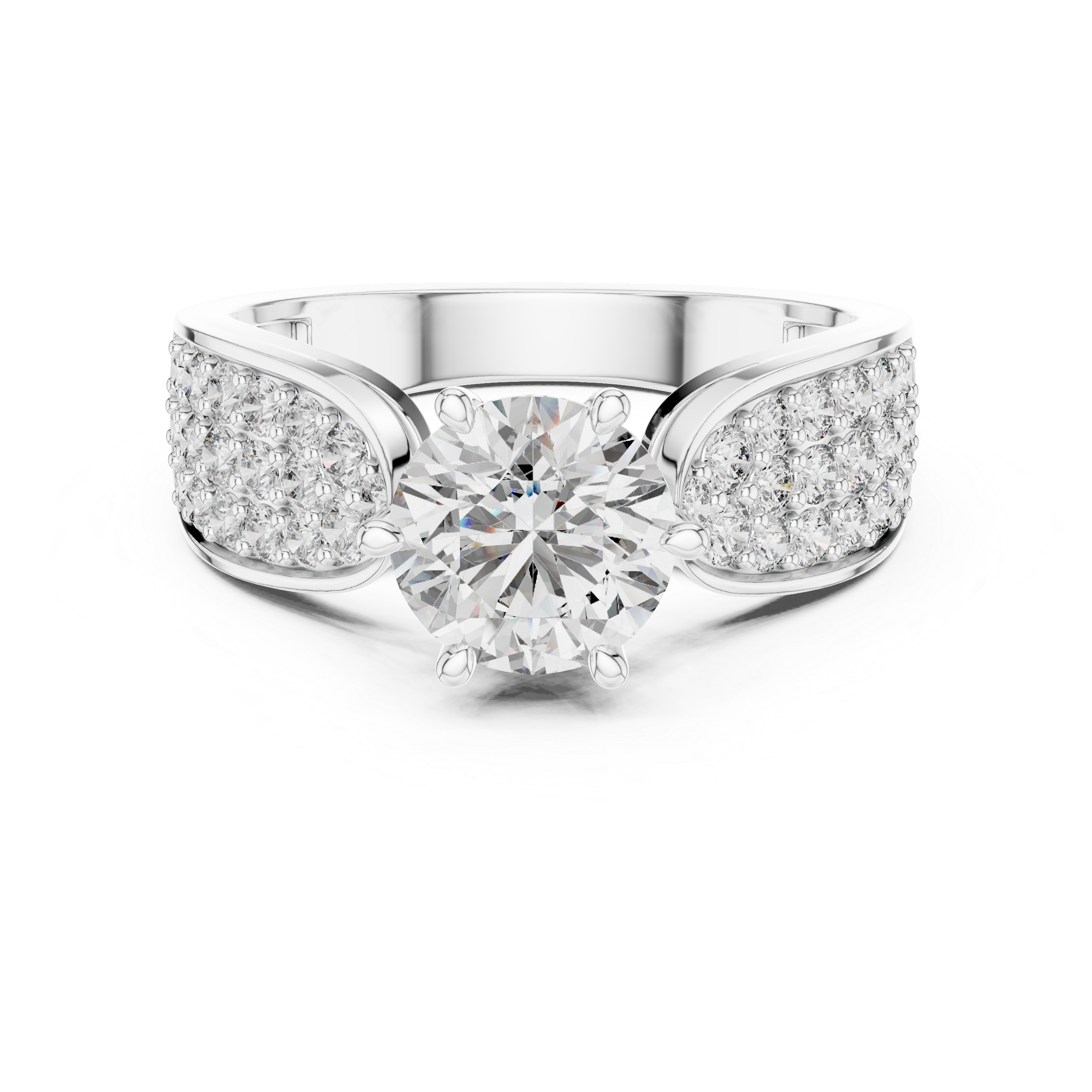 Front view of a split shank engagement ring with a round brilliant-cut lab-grown diamond center stone and pavé-set diamond shoulders.