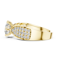 Side view of a yellow gold engagement ring featuring a round lab-grown diamond center stone and a wide band encrusted with sparkling pavé diamonds.