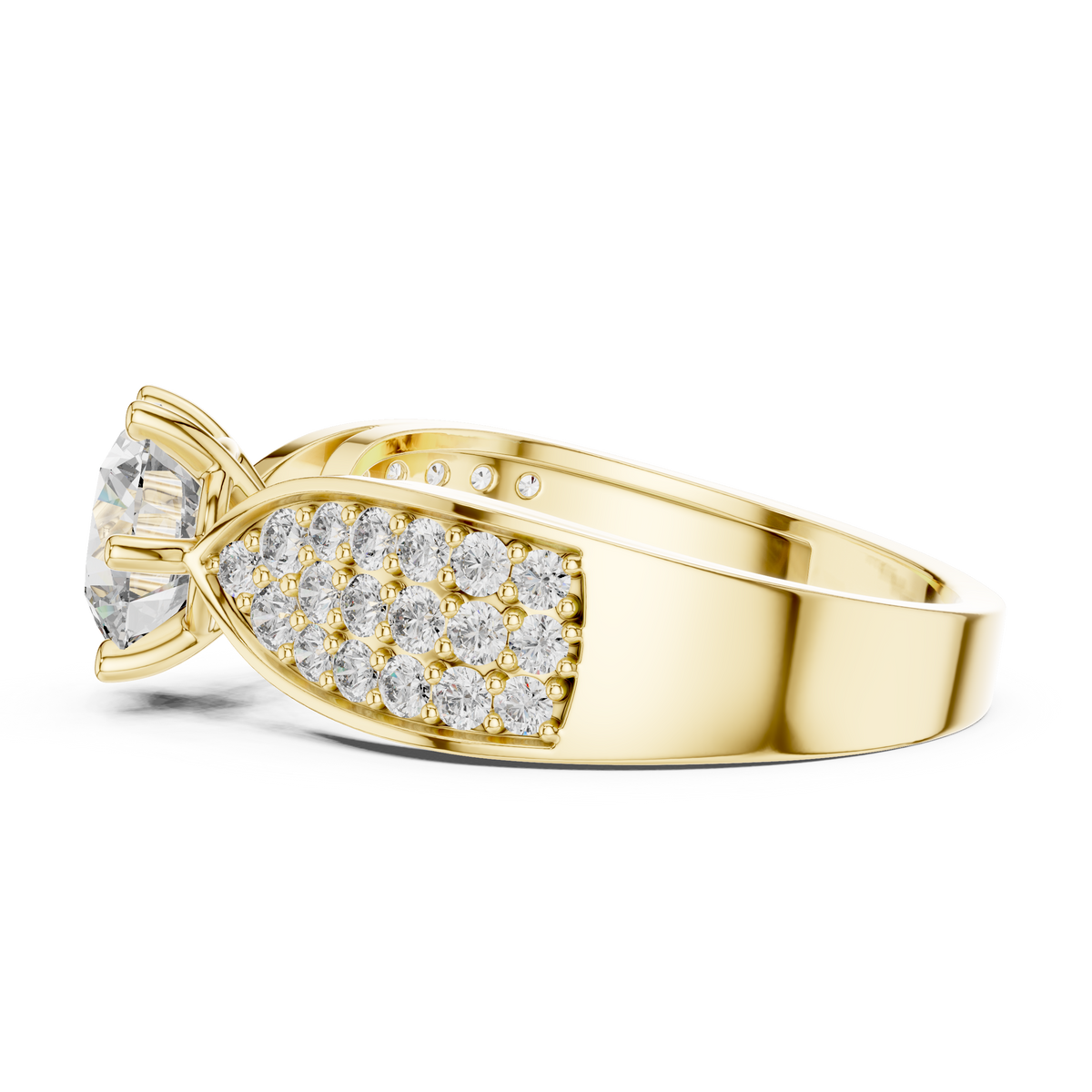 Side view of a yellow gold engagement ring featuring a round lab-grown diamond center stone and a wide band encrusted with sparkling pavé diamonds.