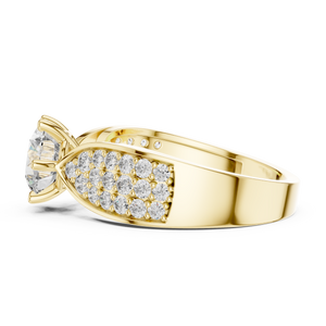 Side view of a yellow gold engagement ring featuring a round lab-grown diamond center stone and a wide band encrusted with sparkling pavé diamonds.
