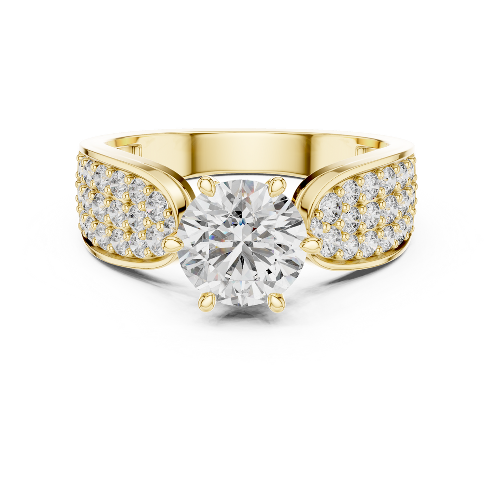 Front view of a 10K yellow gold engagement ring featuring a round 1.00 CT lab-grown diamond center stone and wide band with pavé-set side diamonds.