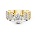 Front view of a 10K yellow gold engagement ring featuring a round 1.00 CT lab-grown diamond center stone and wide band with pavé-set side diamonds.