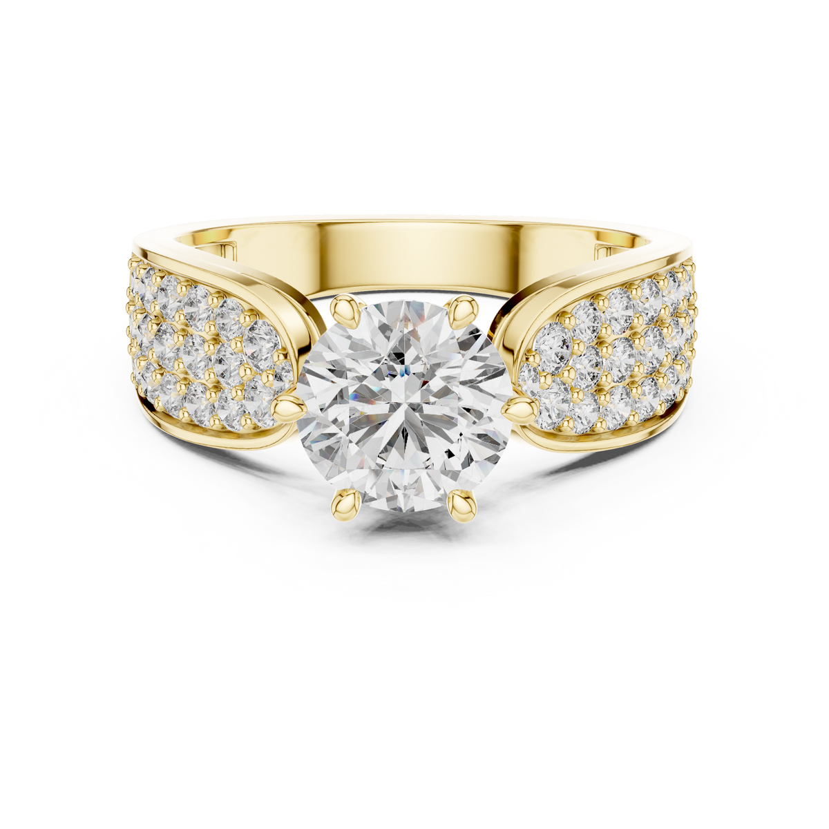 Front view of a 10K yellow gold engagement ring featuring a round 1.00 CT lab-grown diamond center stone and wide band with pavé-set side diamonds.