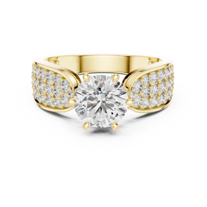 Front view of a 10K yellow gold engagement ring featuring a round 1.00 CT lab-grown diamond center stone and wide band with pavé-set side diamonds.