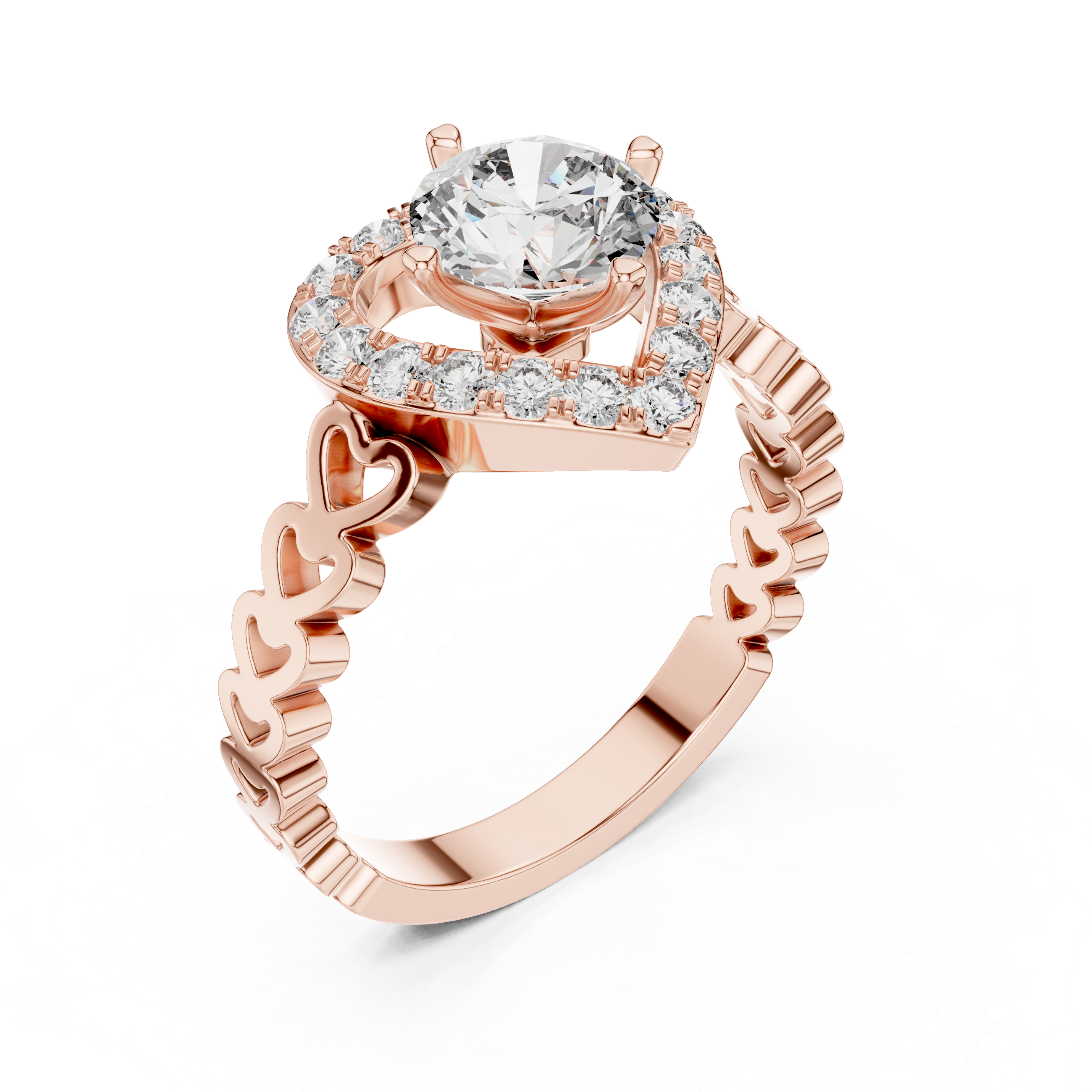 1.32 CTW round lab-grown diamond engagement ring with a heart-shaped halo and open-heart band