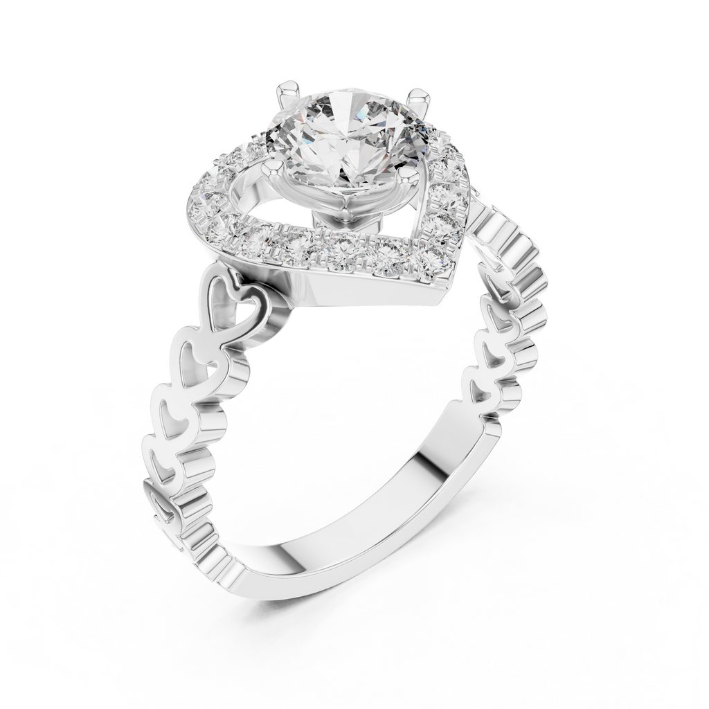 1.32 CTW round lab-grown diamond engagement ring with a heart-shaped halo and open-heart band