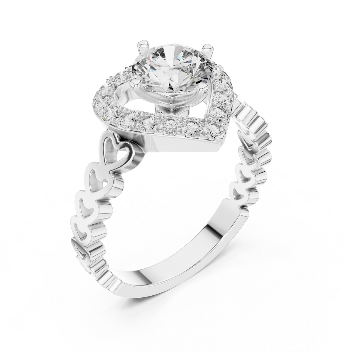 1.32 CTW round lab-grown diamond engagement ring with a heart-shaped halo and open-heart band