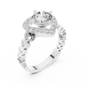 1.32 CTW round lab-grown diamond engagement ring with a heart-shaped halo and open-heart band