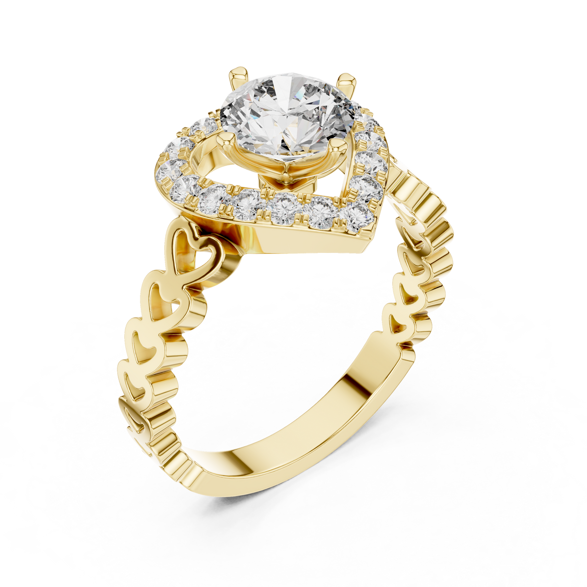1.32 CTW round lab-grown diamond engagement ring with a heart-shaped halo and open-heart band