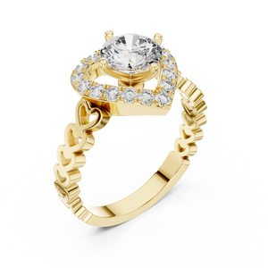 1.32 CTW round lab-grown diamond engagement ring with a heart-shaped halo and open-heart band