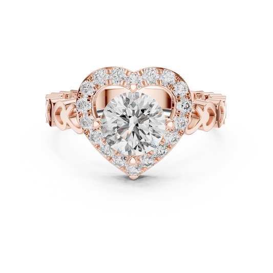 1.32 CTW round lab-grown diamond engagement ring with a heart-shaped halo and open-heart band
