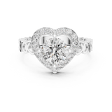 1.32 CTW round lab-grown diamond engagement ring with a heart-shaped halo and open-heart band