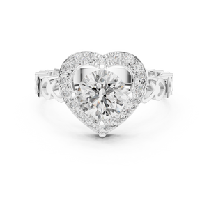 1.32 CTW round lab-grown diamond engagement ring with a heart-shaped halo and open-heart band