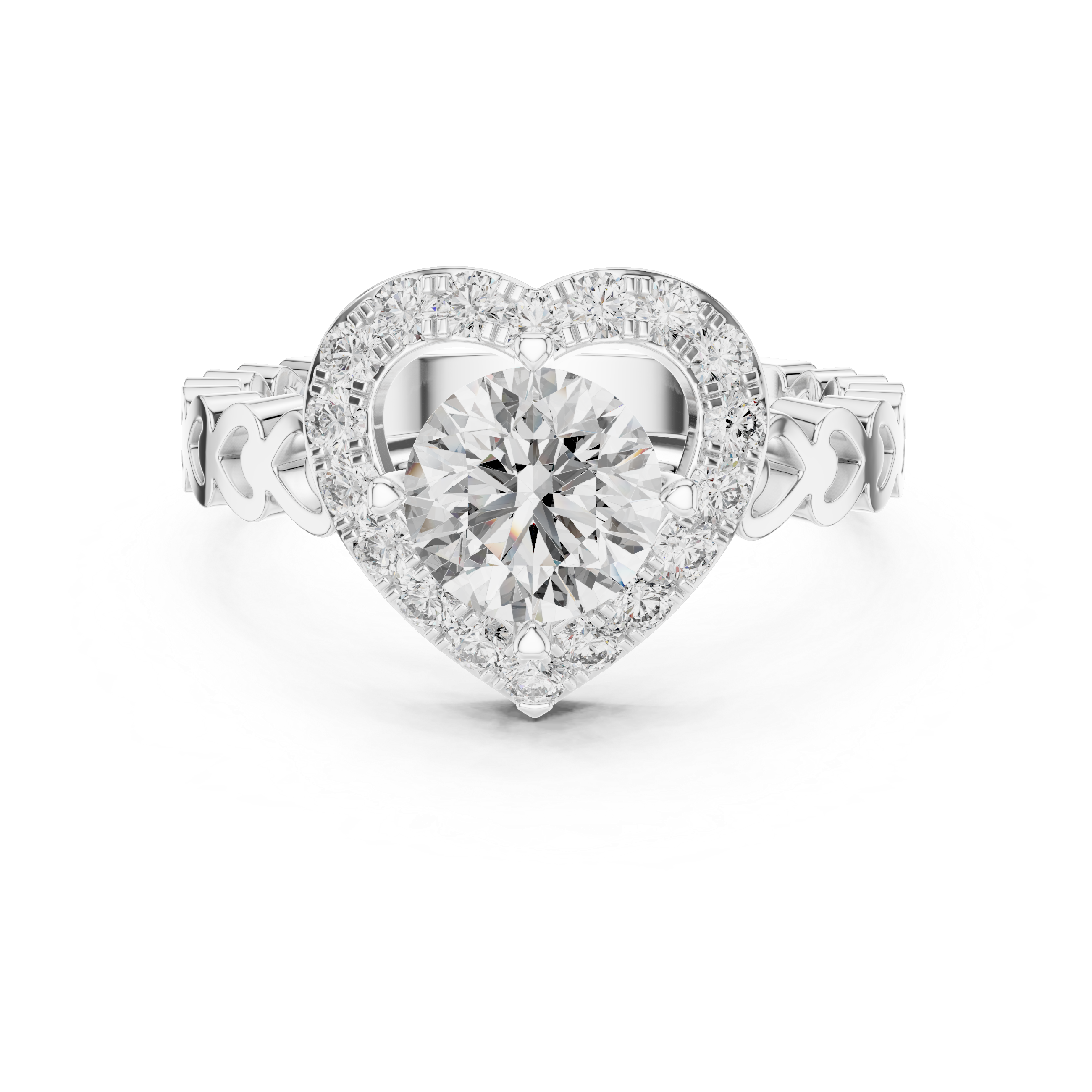 1.32 CTW round lab-grown diamond engagement ring with a heart-shaped halo and open-heart band