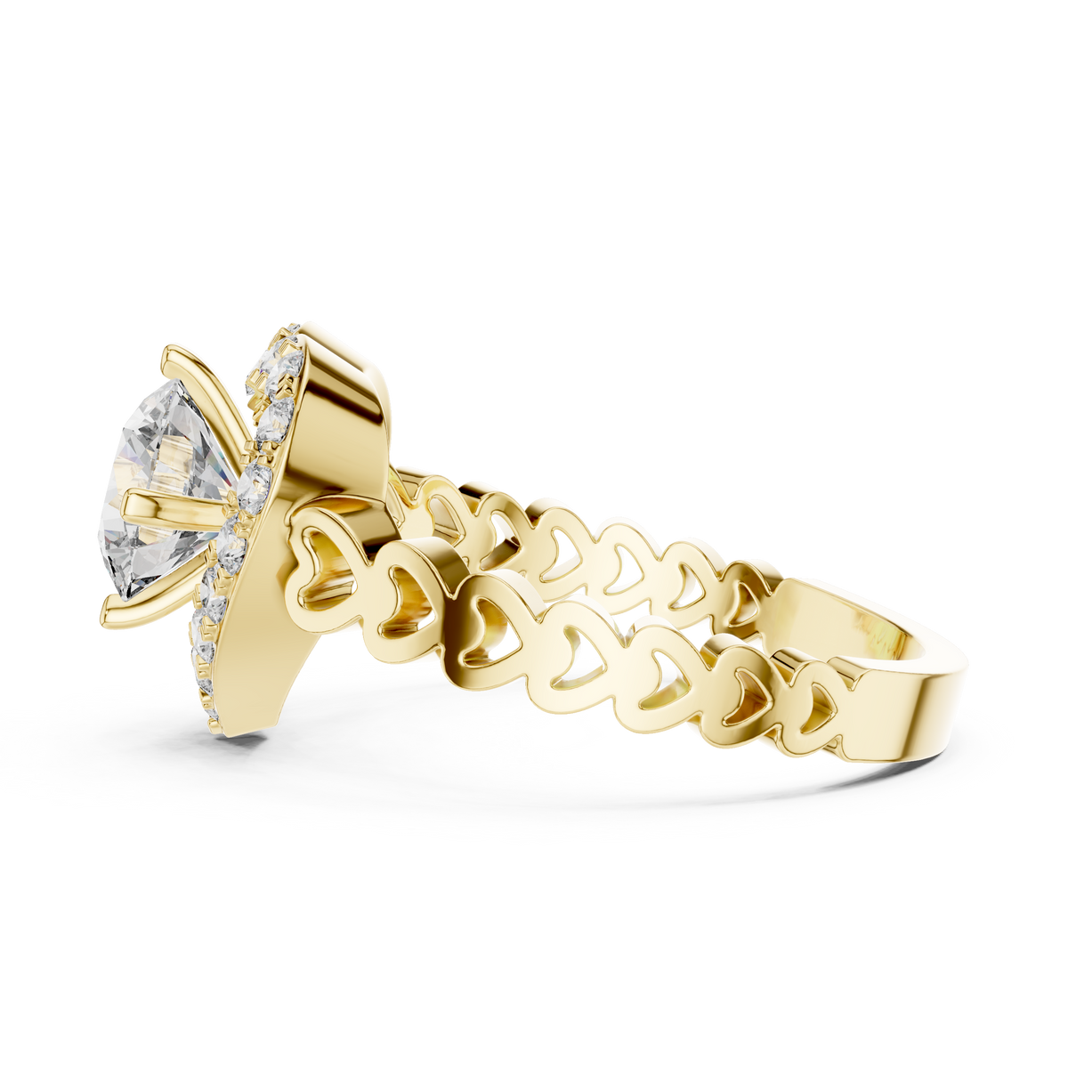 1.32 CTW round lab-grown diamond engagement ring with a heart-shaped halo and open-heart band