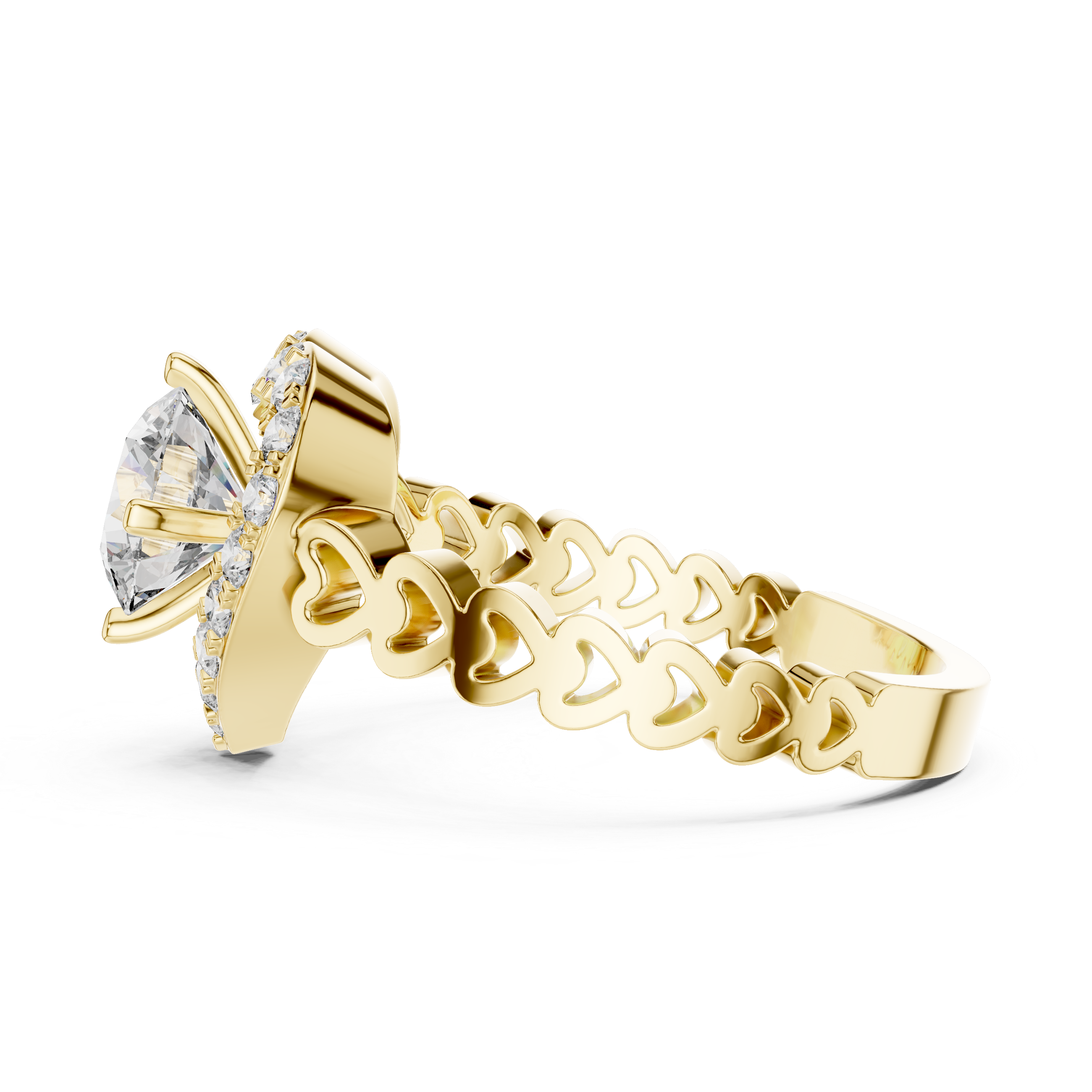 1.32 CTW round lab-grown diamond engagement ring with a heart-shaped halo and open-heart band