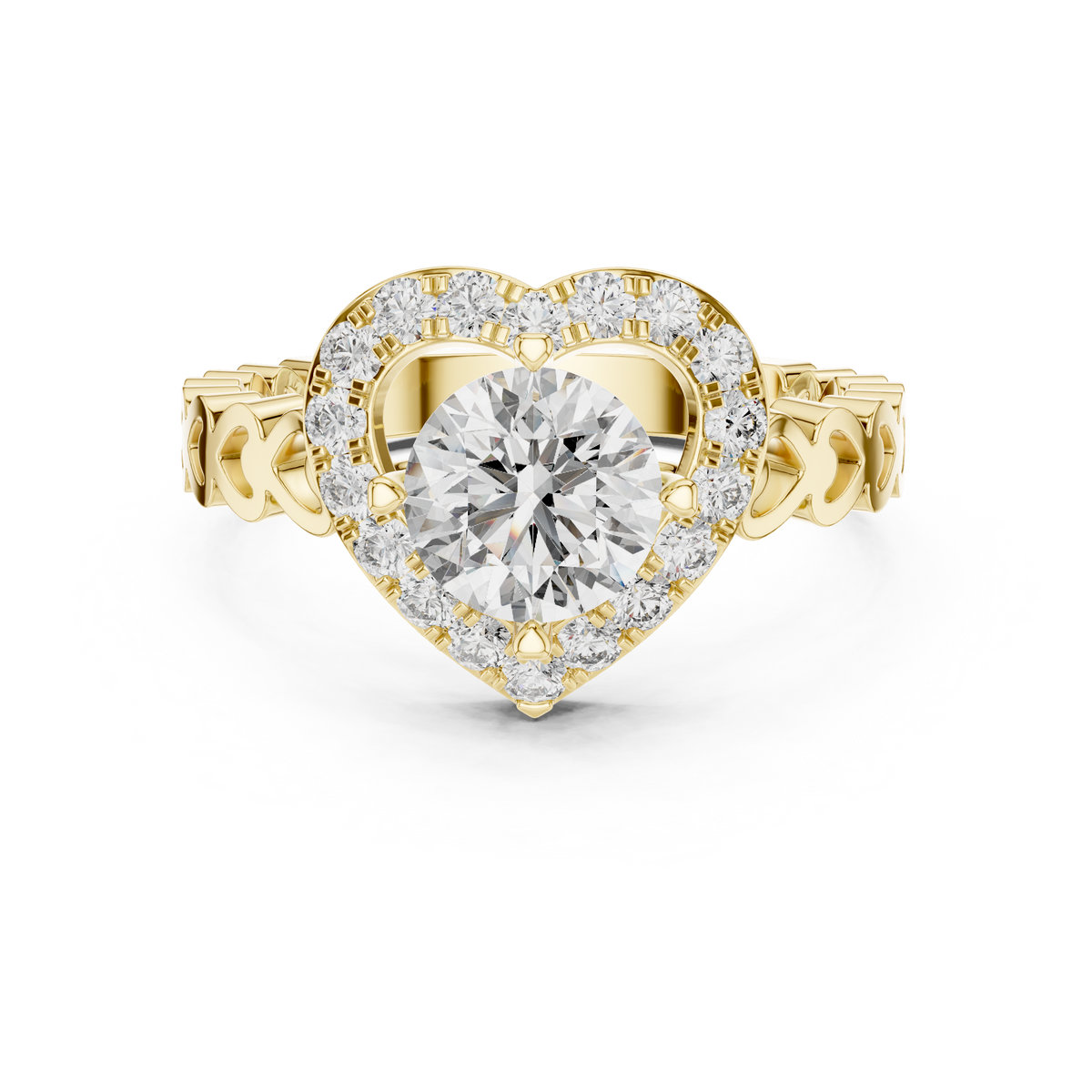 1.32 CTW round lab-grown diamond engagement ring with a heart-shaped halo and open-heart band