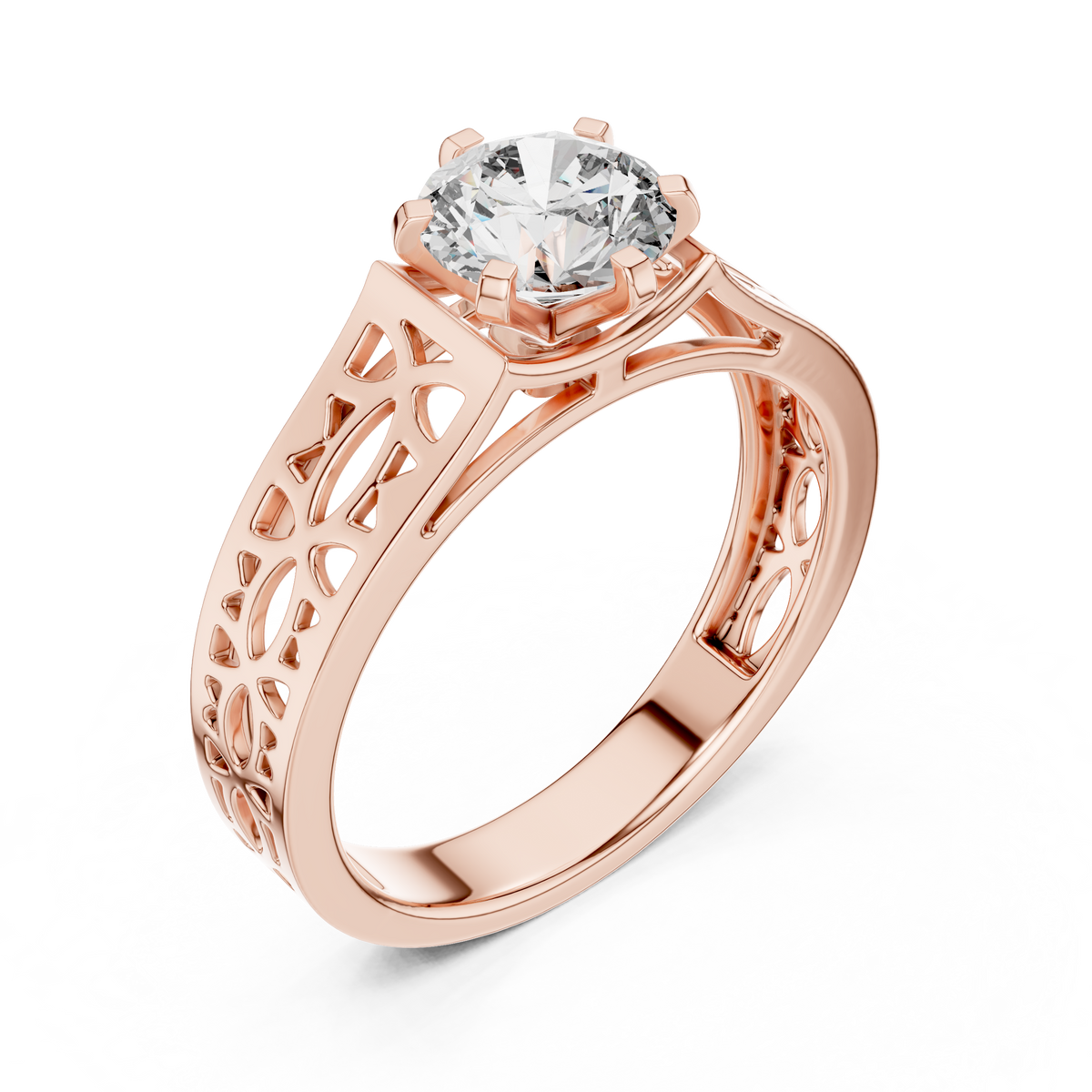 1 Ct Round Lab Grown Diamond Filigree Solitaire Engagement Ring in Rose Gold with Hand-Pierced Openwork Band