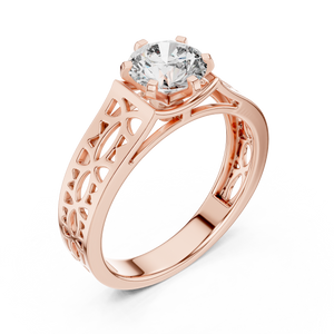 1 Ct Round Lab Grown Diamond Filigree Solitaire Engagement Ring in Rose Gold with Hand-Pierced Openwork Band