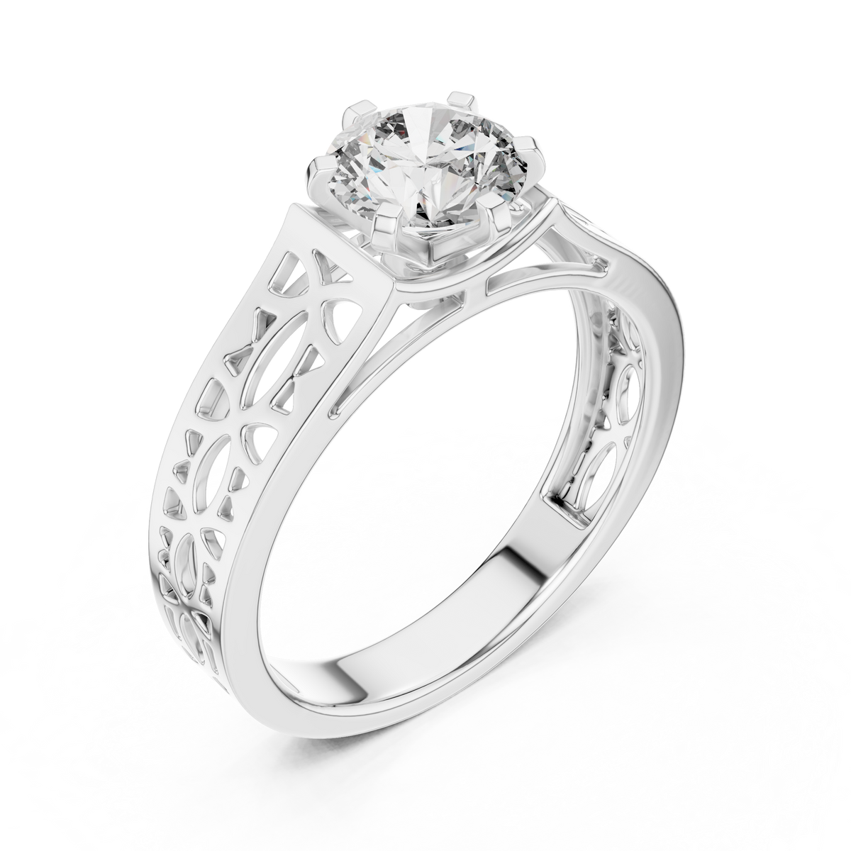 1 Ct Round Lab Grown Diamond Filigree Solitaire Engagement Ring in White Gold with Hand-Pierced Openwork Band