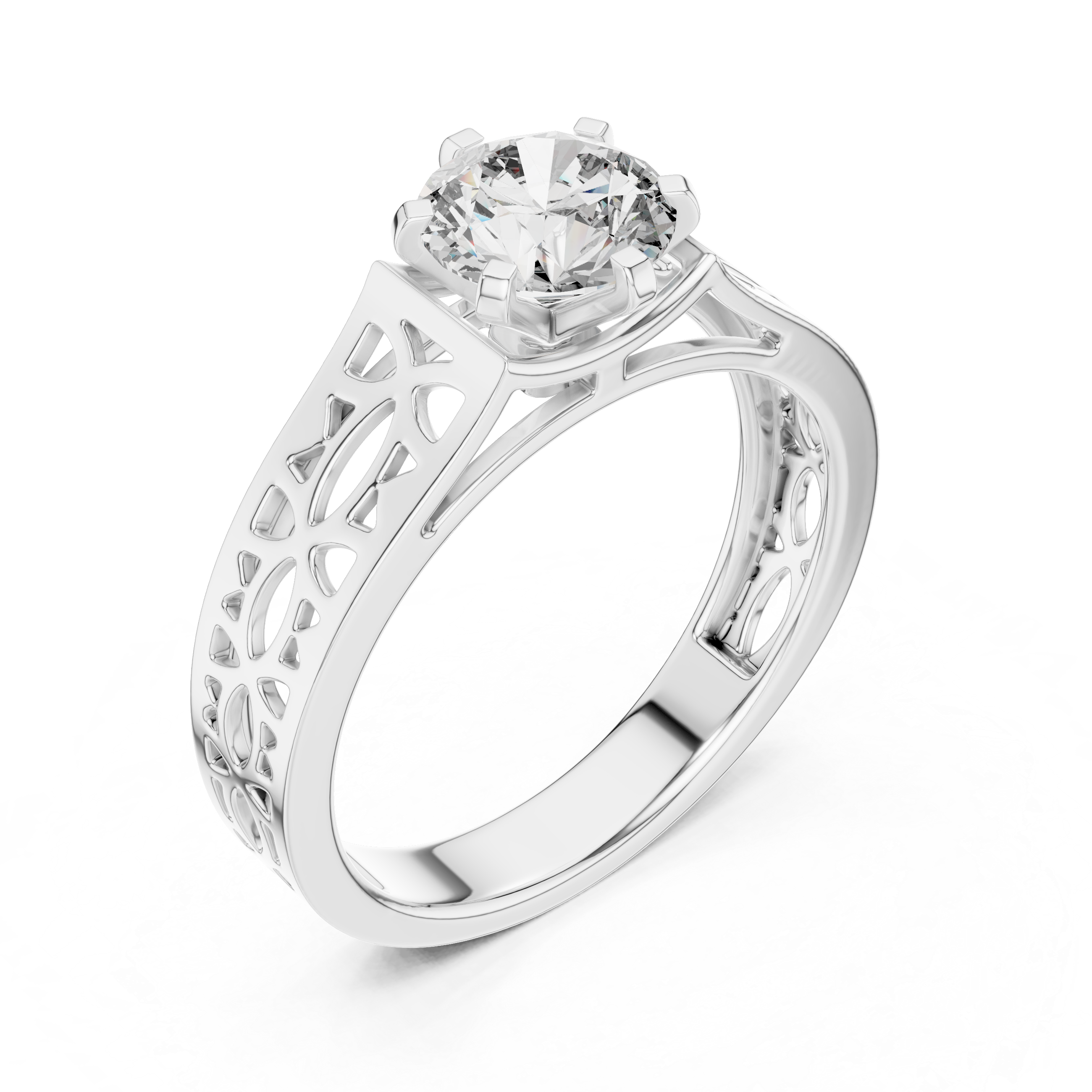 1 Ct Round Lab Grown Diamond Filigree Solitaire Engagement Ring in White Gold with Hand-Pierced Openwork Band