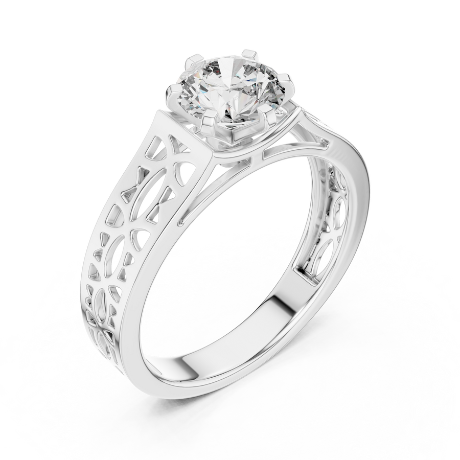 1 Ct Round Lab Grown Diamond Filigree Solitaire Engagement Ring in White Gold with Hand-Pierced Openwork Band