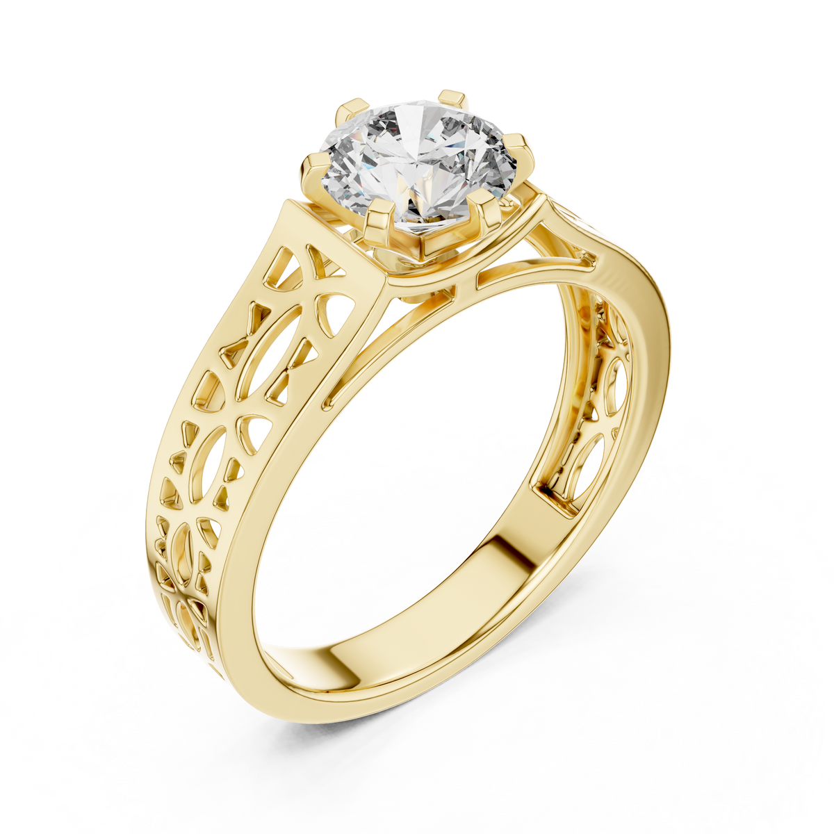 1 Ct Round Lab Grown Diamond Filigree Solitaire Engagement Ring in Yellow Gold with Hand-Pierced Openwork Band
