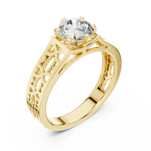 1 Ct Round Lab Grown Diamond Filigree Solitaire Engagement Ring in Yellow Gold with Hand-Pierced Openwork Band