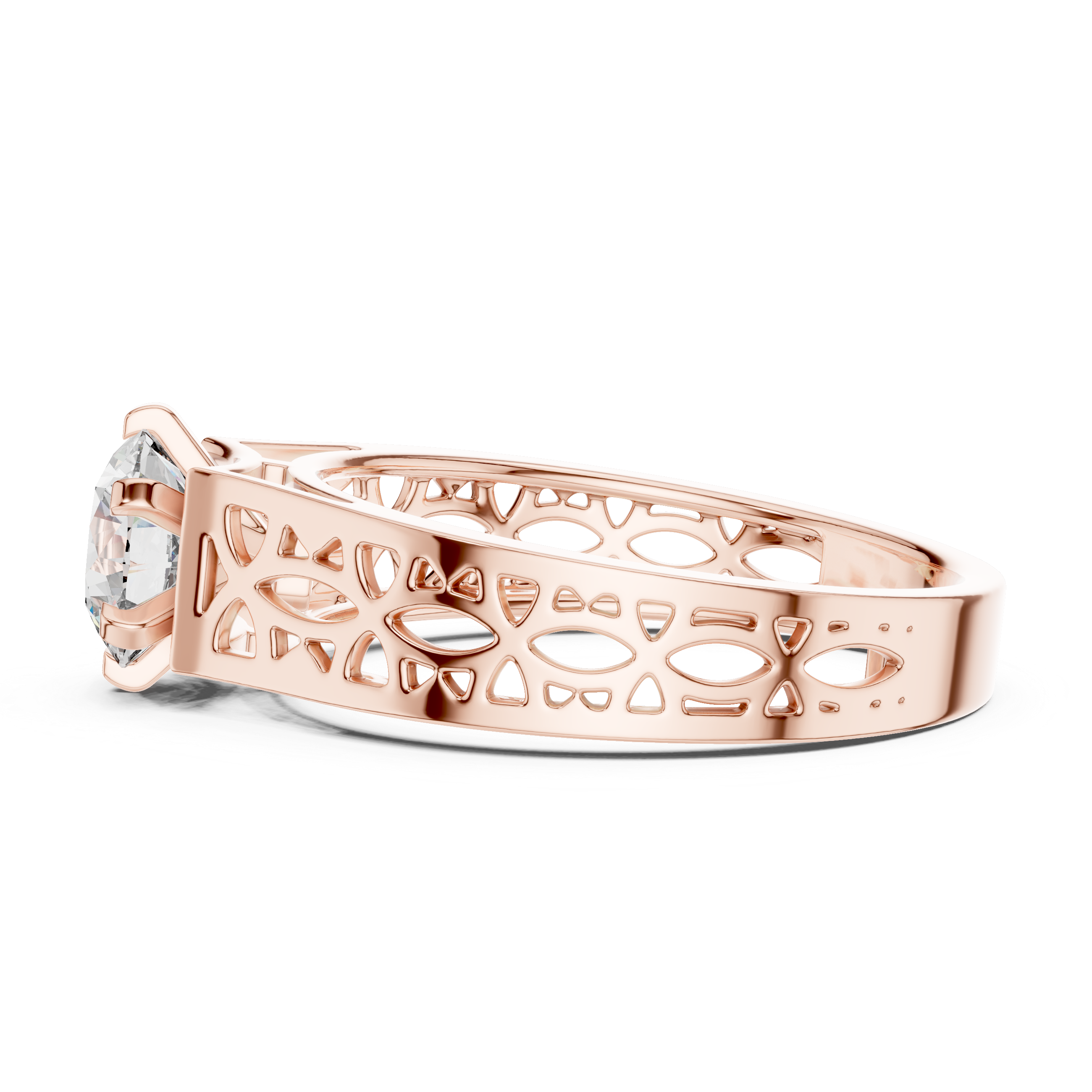 Rose gold ring with intricate design and diamond on a white background