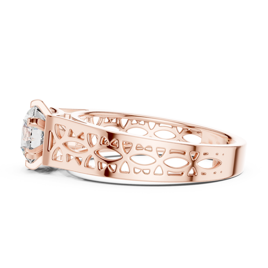 1 CT round lab grown diamond filigree solitaire engagement ring in rose gold, side view