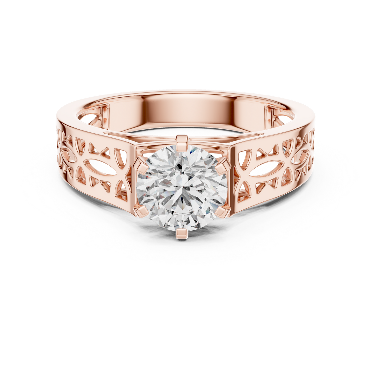 1 CT round lab grown diamond filigree solitaire engagement ring in rose gold, front view