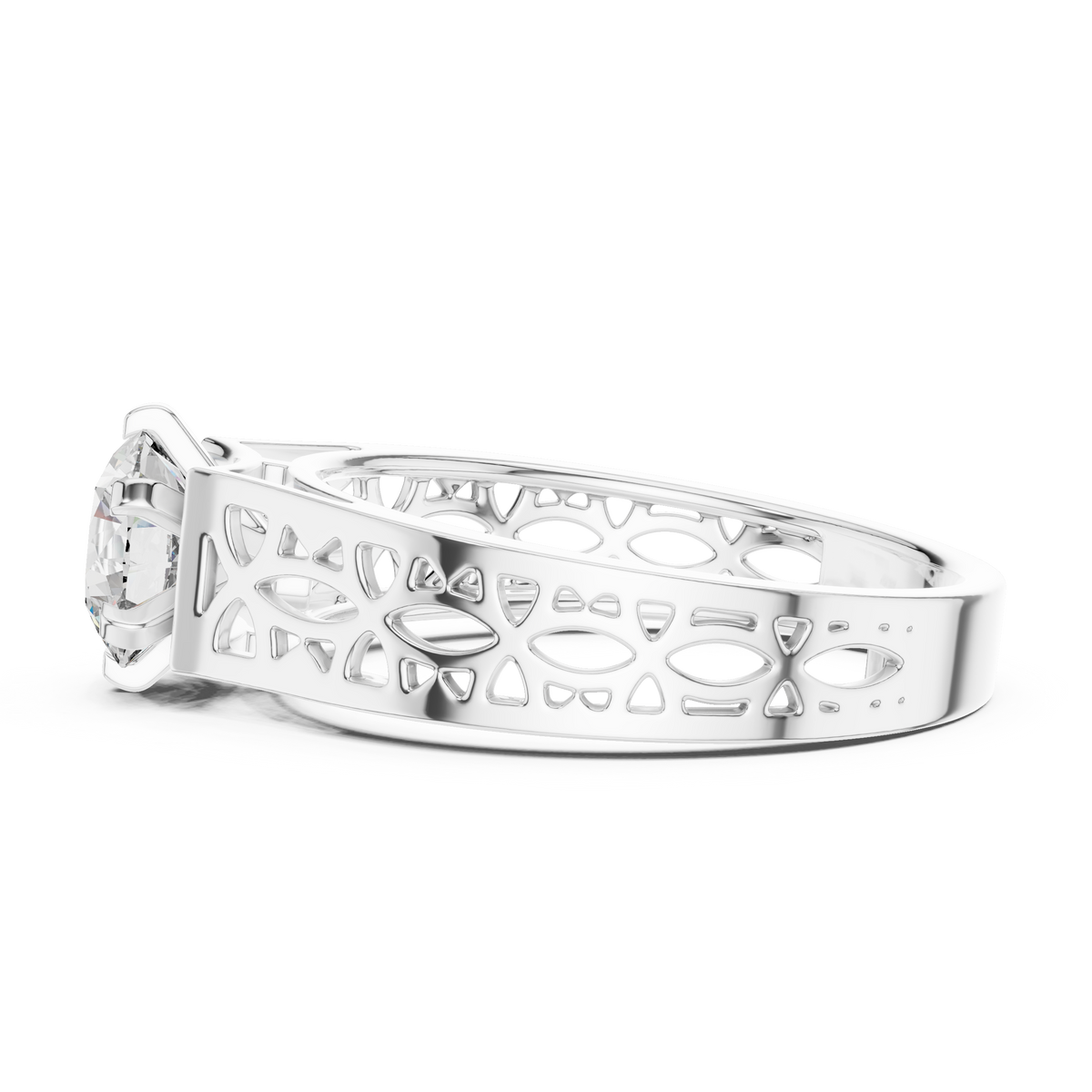1 Ct Round Lab Grown Diamond Filigree Solitaire Engagement Ring in 14K White Gold with Hand-Pierced Openwork Band