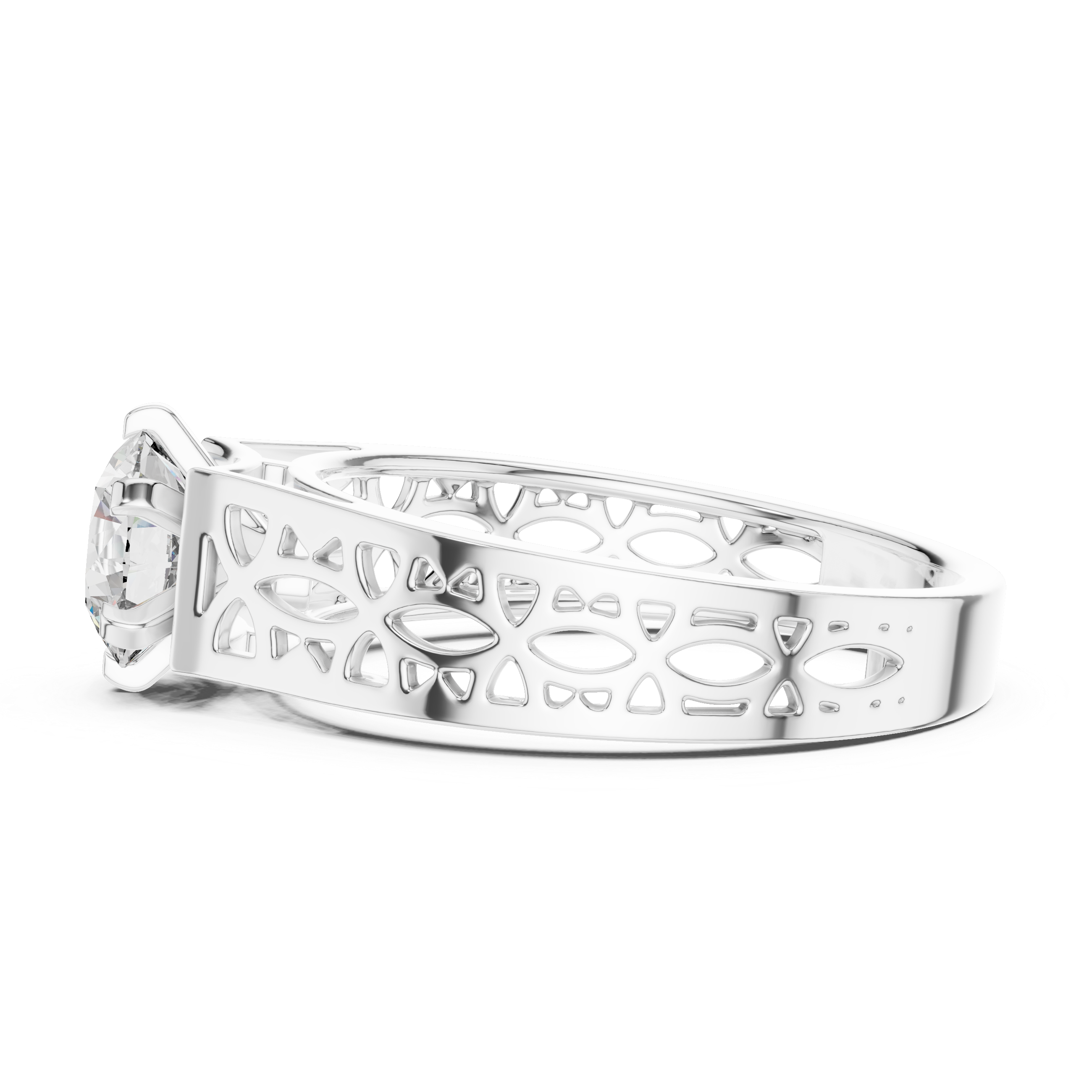1 Ct Round Lab Grown Diamond Filigree Solitaire Engagement Ring in 14K White Gold with Hand-Pierced Openwork Band